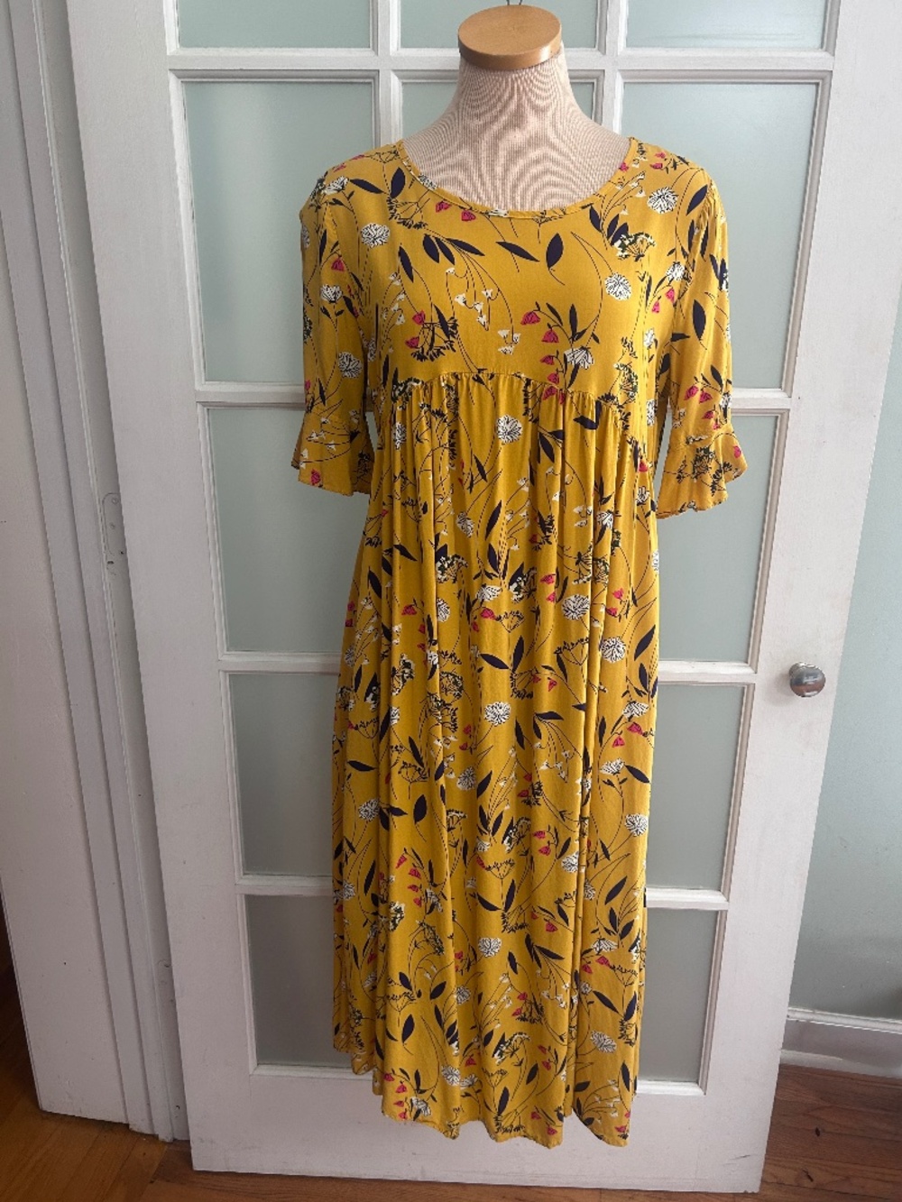 Emory Rose Mustard Yellow Purple Pink Floral Midi Pullover Dress Size Large